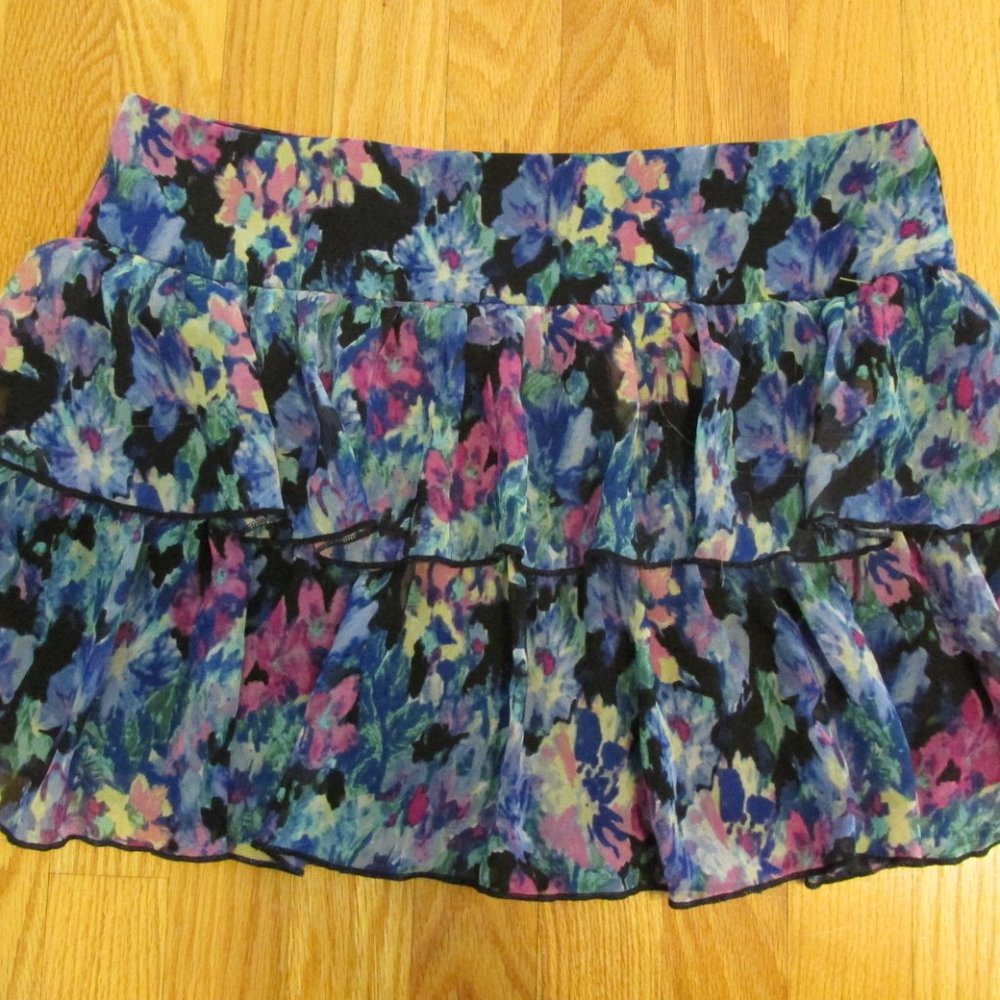 JOE BENBASSET GIRLS SIZE XL SKIRT BLACK FUCHSIA MONET FLORAL TIERED RUFFLES MINI